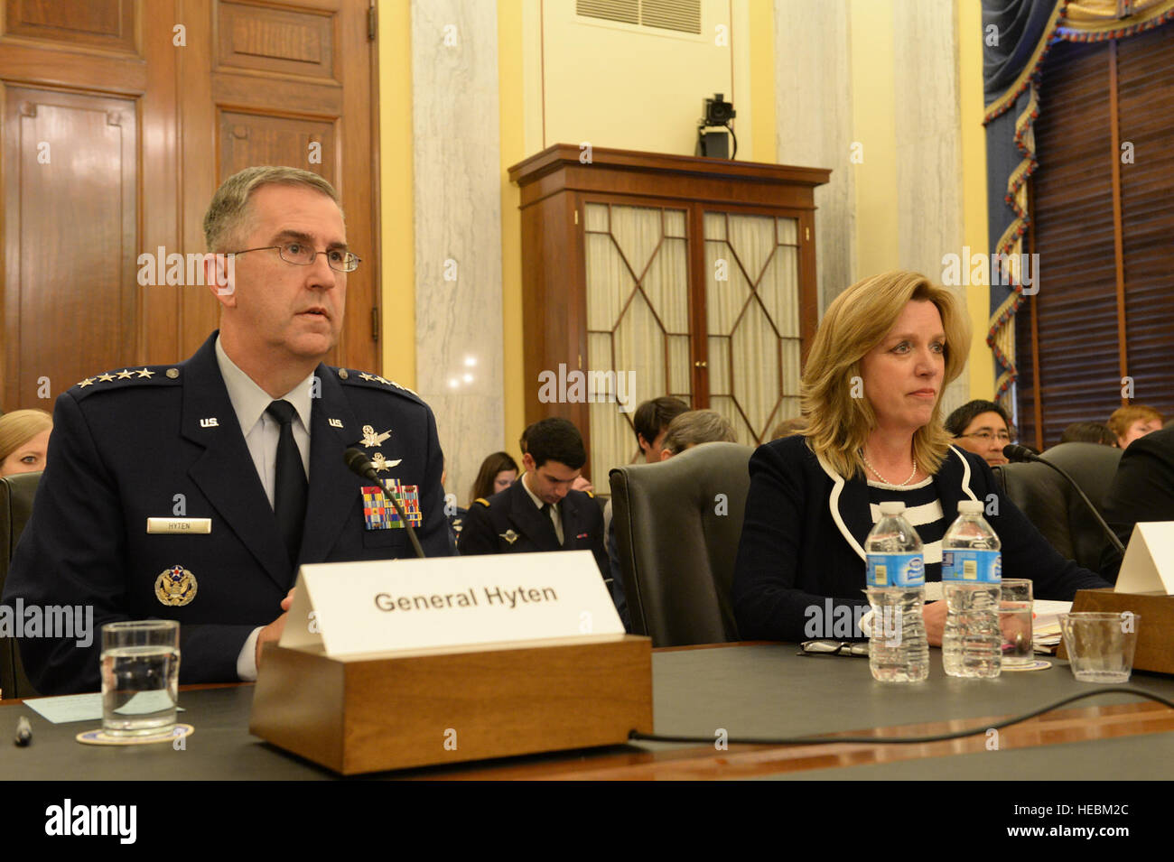 Secretary of the Air Force Deborah Lee James and Gen. John E. Hyten, commander, Air Force Space Command, testify before the Senate Armed Services Committee, Subcommittee on Strategic Forces in Washington, April 29, 2015. James stated during the hearing that space-based capabilities and effects are vital to U.S. warfighting, homeland security and our way of life. James and Hyten testified also with Cristina T. Chaplain, director, Acquisition and Sourcing Management Government Accountability Office. (U.S. Air Force photo/Scott M. Ash) Stock Photo