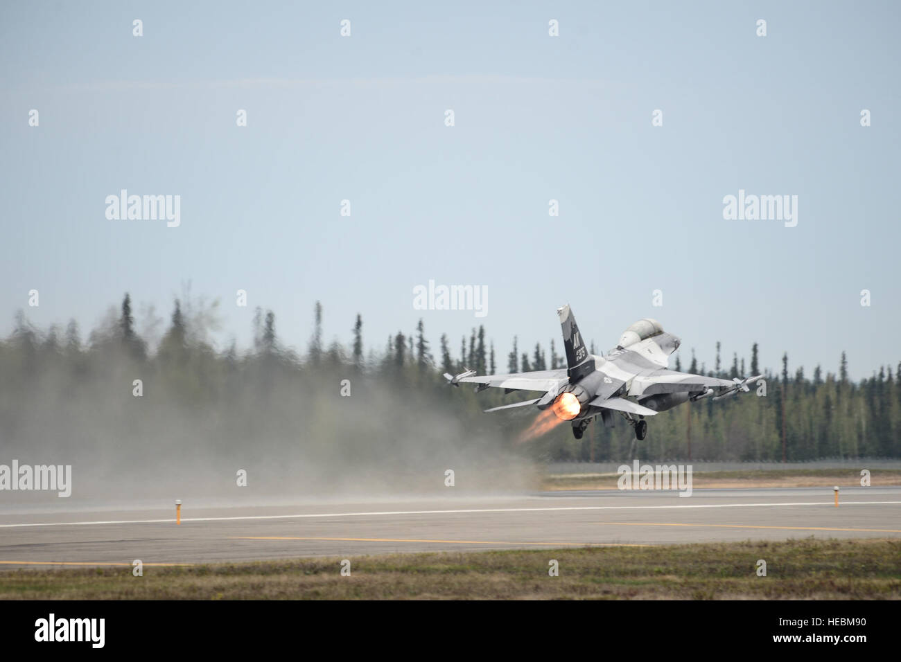 An F16 Fighting Falcon assigned to the 18th Aggressor Squadron takes off during Red Flag Alaska