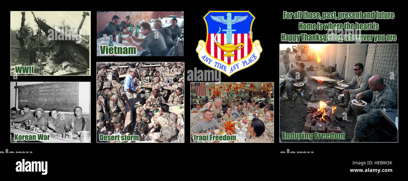 This layout was created to honor the men and women of the armed services who spent Thanksgiving, past, present, and future in deployed locations. (U.S. Air Force Photo layout/Staff Sgt. John Bainter) Stock Photo