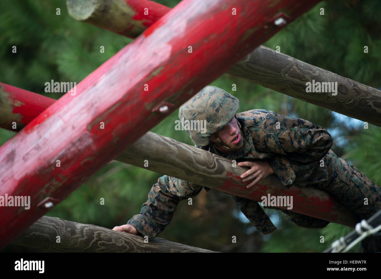 A U.S. Marine Corps recruit from Alpha Company moves through an obstacle during a training event at The Crucible, Sept. 12, 2014, at Marine Recruit Depot Parris Island, S.C. The Crucible is the final test in recruit training and represents the culmination of all the skills and knowledge a Marine should possess. Designed in 1996 to emphasize the importance of teamwork in overcoming adversity, the Crucible is a rigorous 54-hour field training exercise demanding the application of everything a recruit has learned until that point in recruit training and includes a total of 48 miles of marching. I Stock Photo