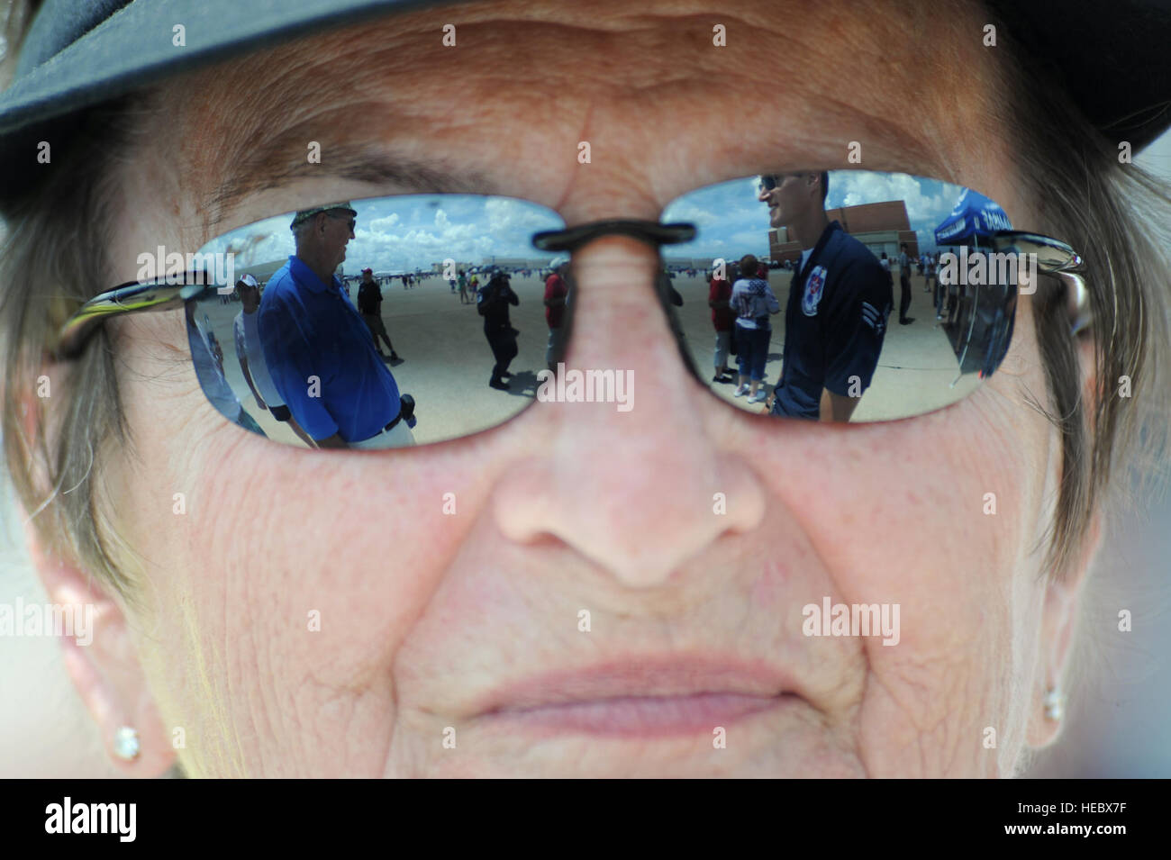 Senior Airman John Silvi, Thunderbirds communications, chats with admiring fans during the Star Spangled Air Show, at Tinker Air Force Base, Okla., June 21, 2014. (U.S. Air Force Photo by Master Sgt. Stan Parker) Stock Photo