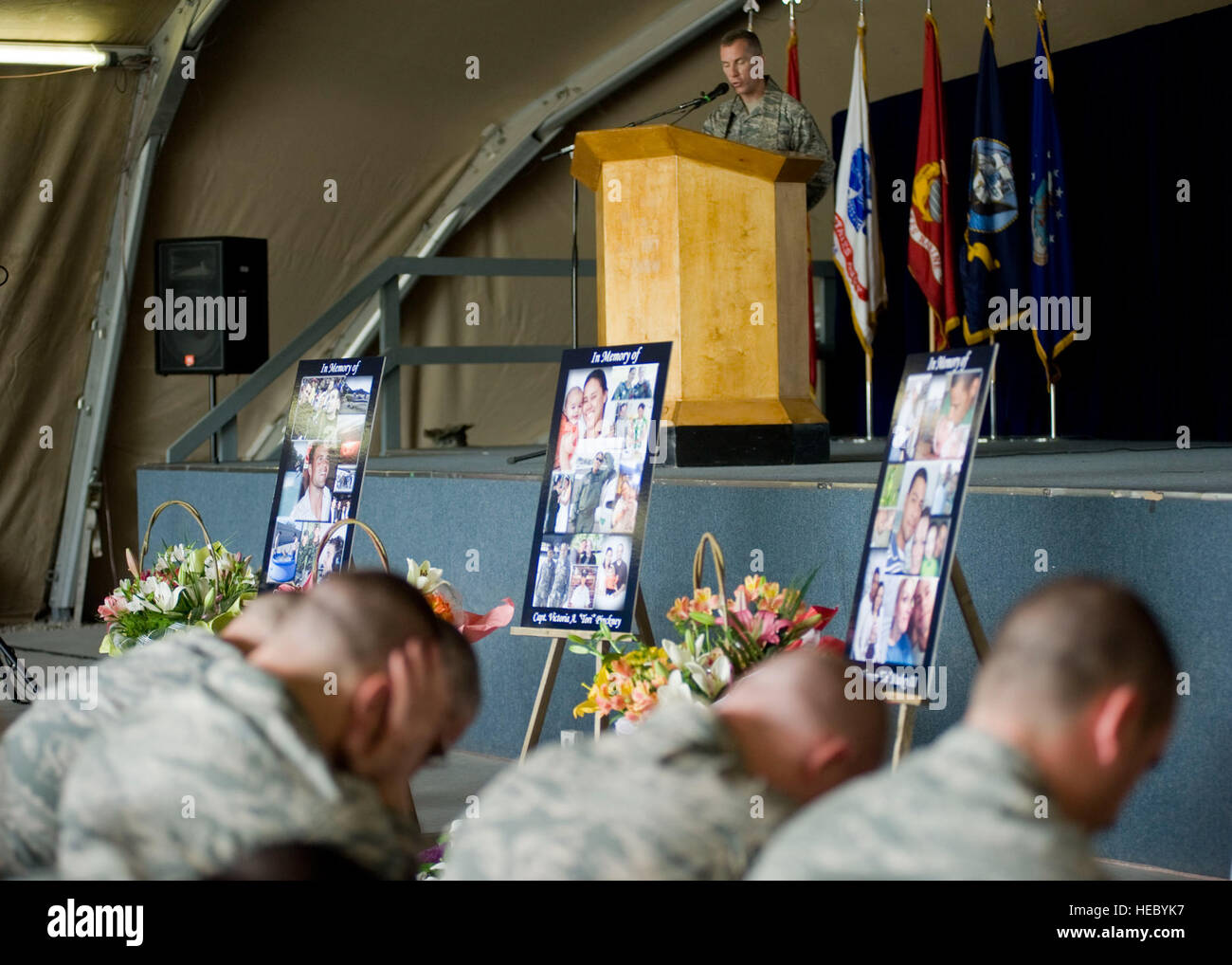 Lt. Col. Michael Butler, 376th Air Expeditionary Wing chaplain, speaks during a memorial service May 9, 2013, at Transit Center at Manas, Kyrgyzstan. More than 300 U.S. service members attended and mourned their fallen brothers and sister in arms.  (U.S. Air Force photo/Staff Sgt. Stephanie Rubi) Stock Photo