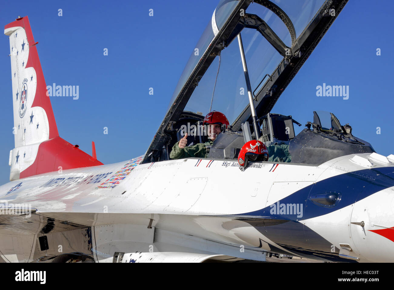 Brendan Lyons, Tucson community hometown hero, sits in Thunderbird 7, an F-16 Fighting Falcon from the U.S. Air Force Air Demonstration Squadron, at Davis-Monthan Air Force Base, Ariz., March 11, 2016.  Lyons was nominated as a hometown hero to fly with the Thunderbirds because of his commitment to safety and his passion to make Tucson a safer community for cyclists and motorists. (U.S. Air Force photo by Senior Airman Chris Massey/Released) Stock Photo