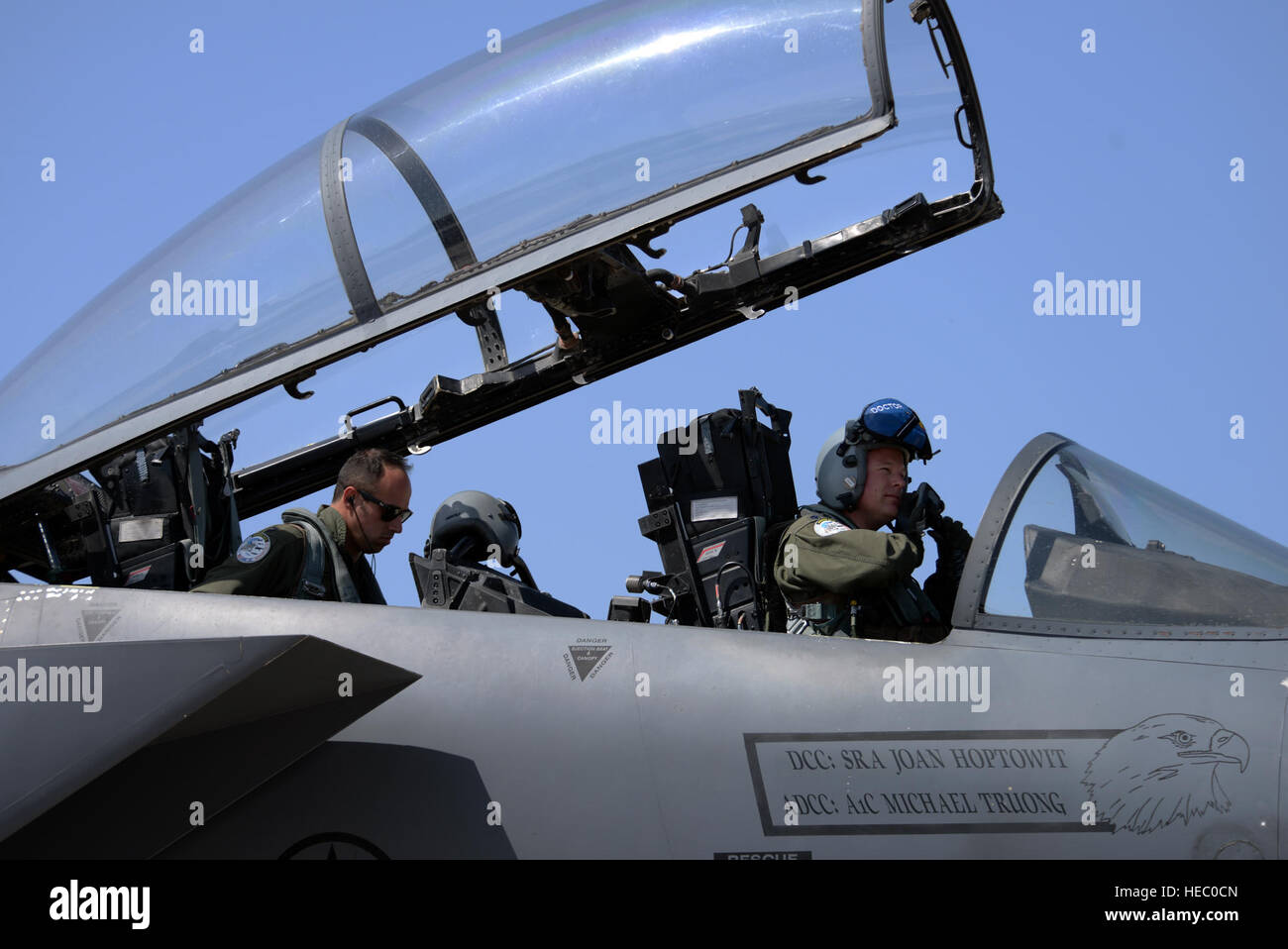 A pilot and weapon systems officer assigned to the 492nd Fighter Squadron, Royal Air Force Lakenheath, England, prepare to fly a mission in a U.S. Air Force F-15E Strike Eagle aircraft, April 4, 2016, during exercise INIOHOS 16 at Andravida Air Base, Greece. Training engagements such as INIOHOS 16 strengthen our relationships, maintain joint readiness and interoperability, and reassure our regional allies and partners. (U.S. Air Force photo by Tech. Sgt. Eric Burks/Released) Stock Photo