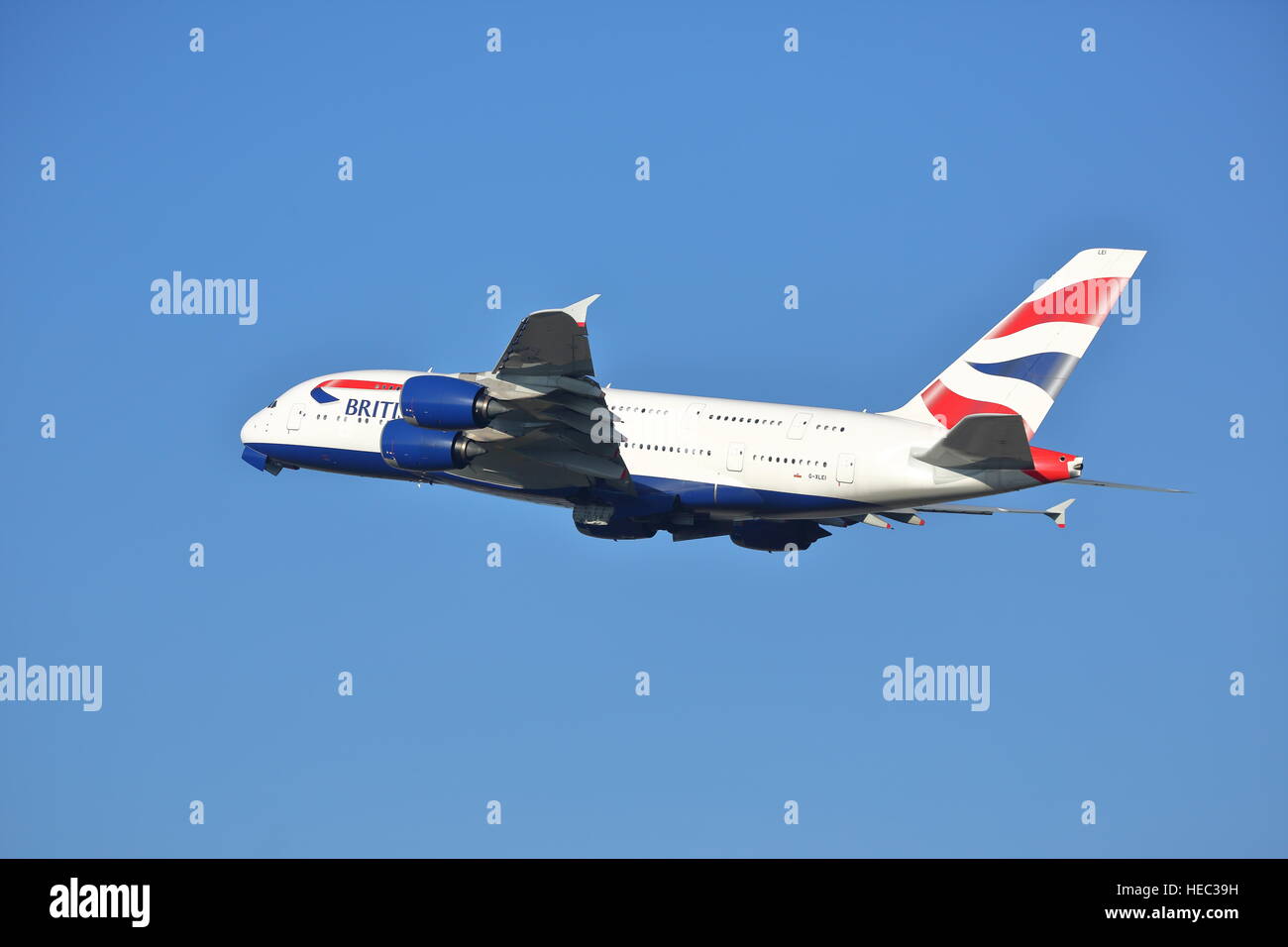 British Airways Airbus A380-800 G-XLEI departing from London Haethrow Airport, UK Stock Photo