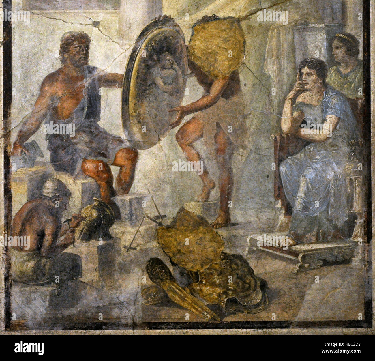 Roman painting. Thetis, whose image is reflected in the shield, look carefully at the golden armour that Hephaestus has made for Achilles. Pompeii (IX, 1,7). Italy. Stock Photo