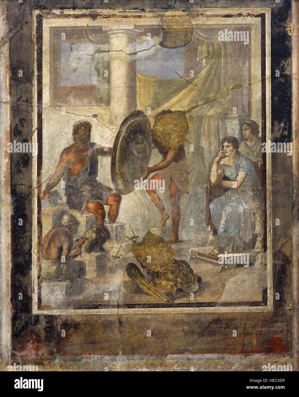 Roman painting. Thetis, whose image is reflected in the shield, look carefully at the golden armour that Hephaestus has made for Achilles. Pompeii (IX, 1,7). Italy. Stock Photo