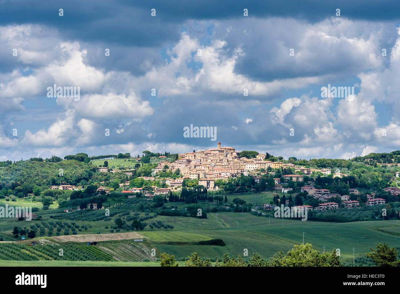 Typical green Tuscany landscape with the town located on a hill Stock ...