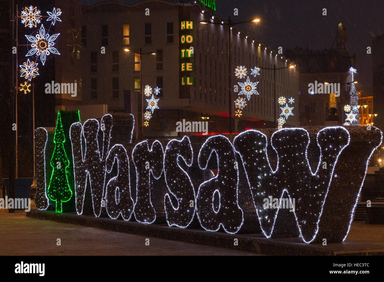 'I Love Warsaw' Christmas sign in Warsaw, Poland. Christmas sign during snowing. Stock Photo
