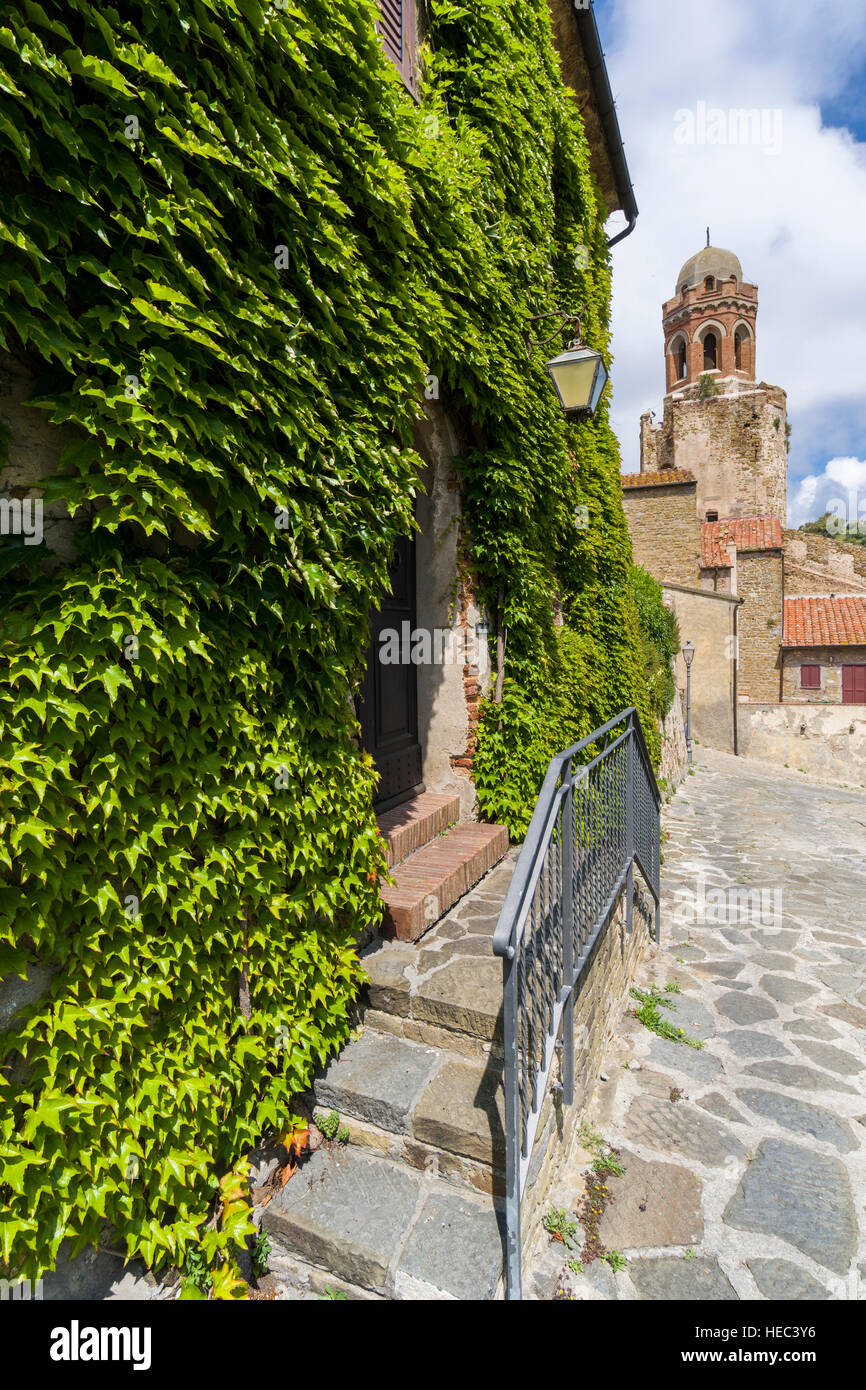 A small alley with an overgrown house and an old tower inside town Stock Photo
