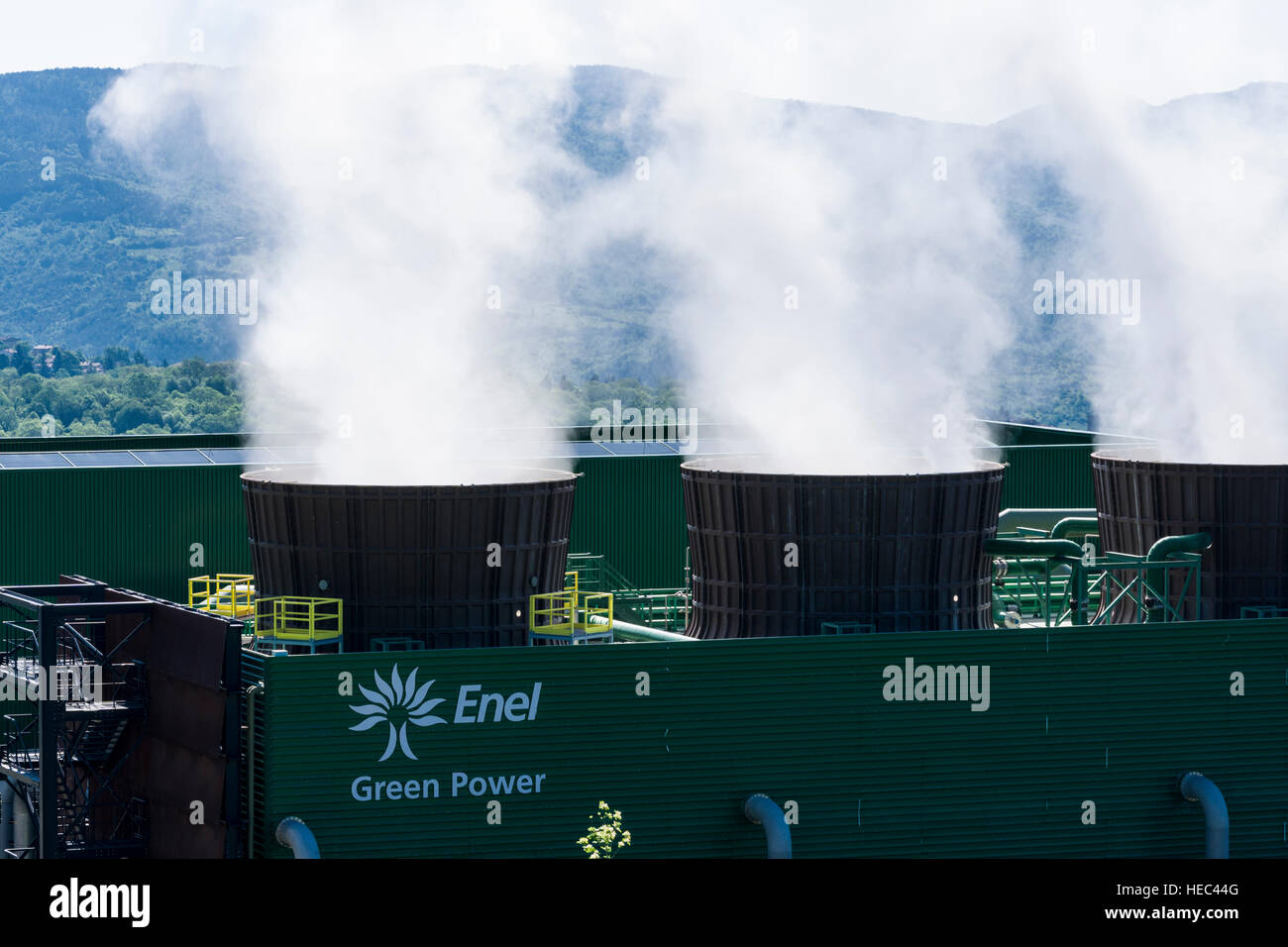 Steam is arising from the Bagnore 3 Geothermal Power Station in the morning Stock Photo