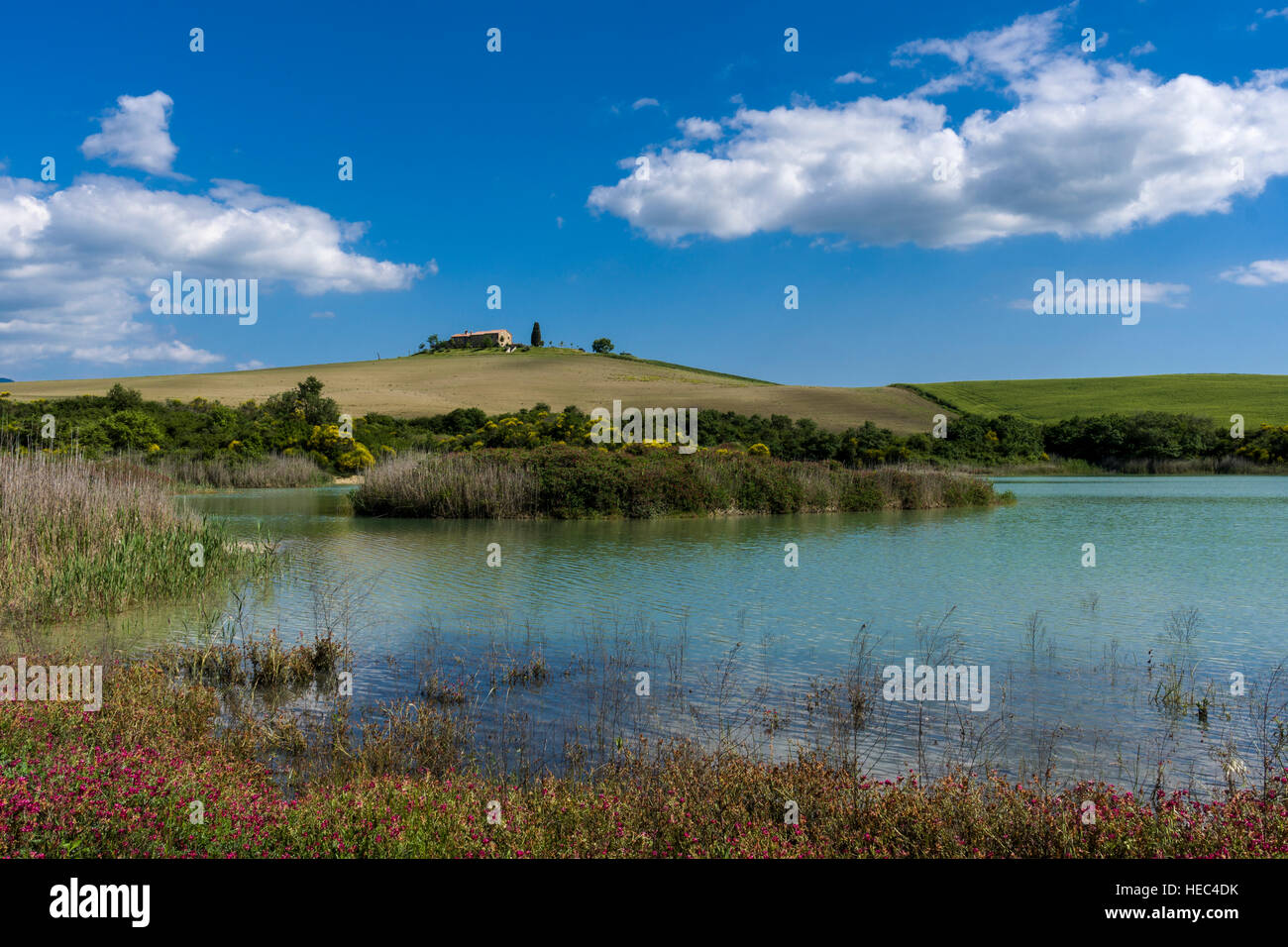 Typical green Tuscany landscape in Val d’Orcia with a farm on a hill, a lake and blue cloudy sky Stock Photo