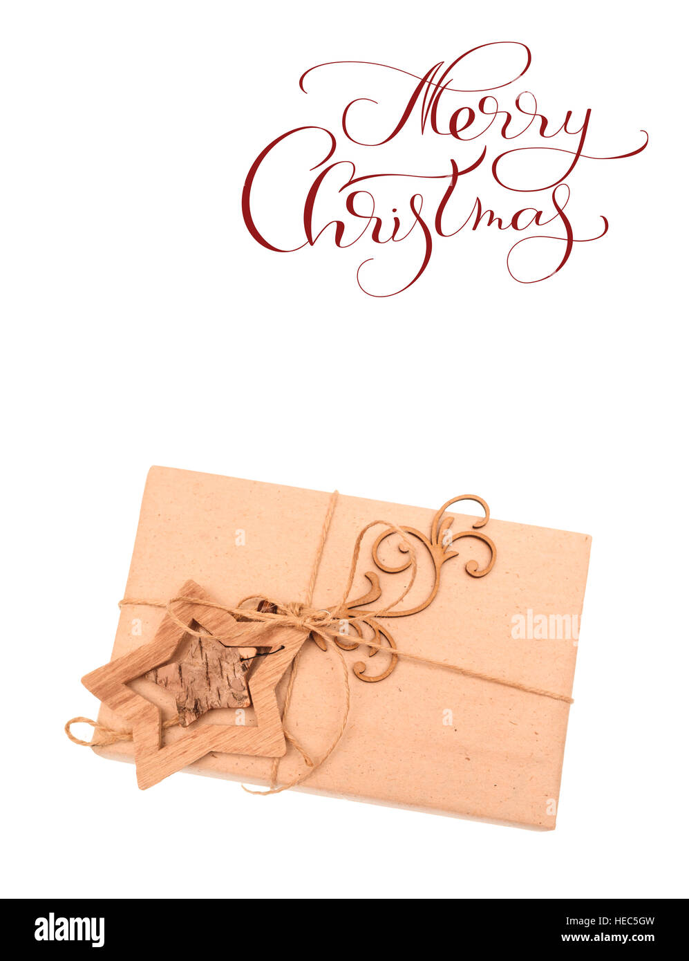 gift box on a white background and text of Merry Christmas. Lettering, calligraphy Stock Photo