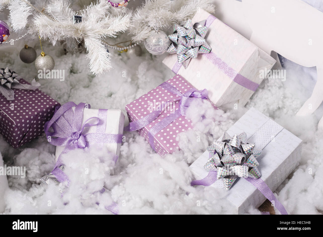 boxes with gifts under the Christmas tree Stock Photo