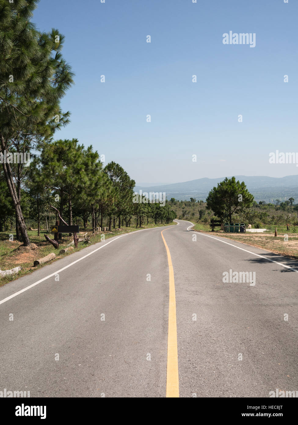 Empty road with green forest on blue sky,    adventure concept. Stock Photo