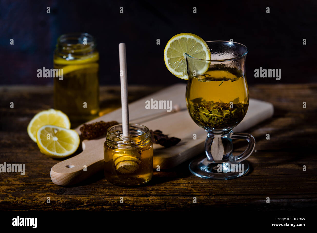 Natural medicones against flue and cold. Honey, lemon, hot tea, onion ...