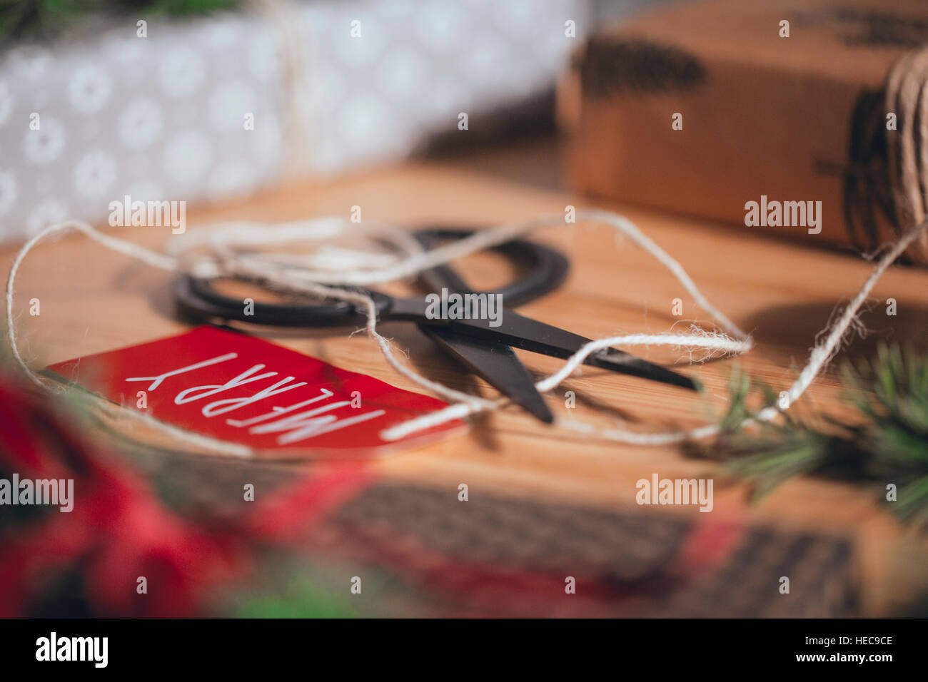 Christmas Presents on Table in Christmas Setting Stock Photo