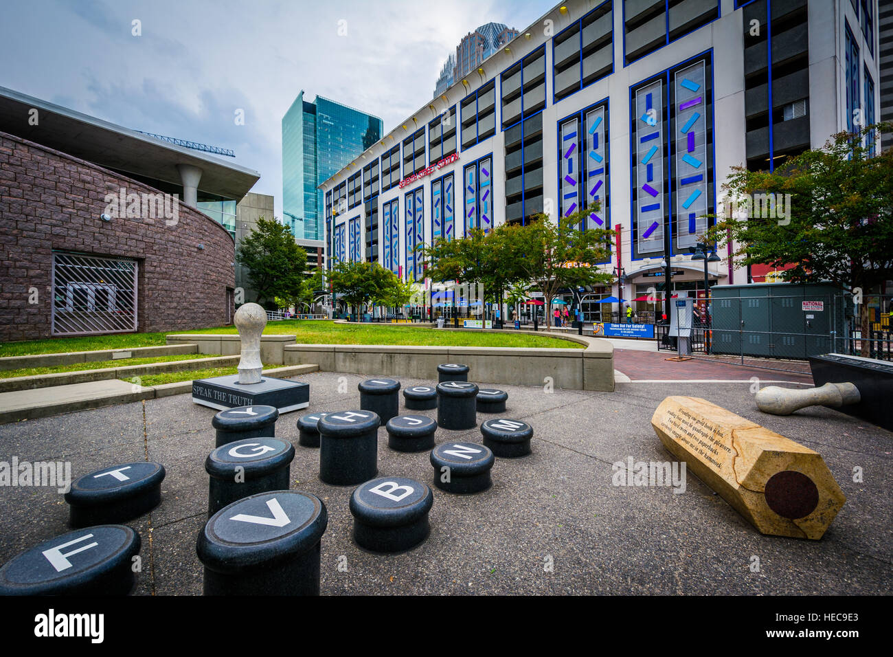 Art installation and modern buildings in Uptown Charlotte, North