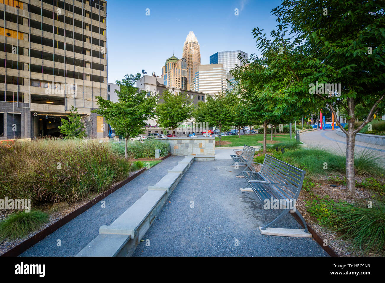 Benches at Romare Bearden Park, in Uptown Charlotte, North Carolina. Stock Photo
