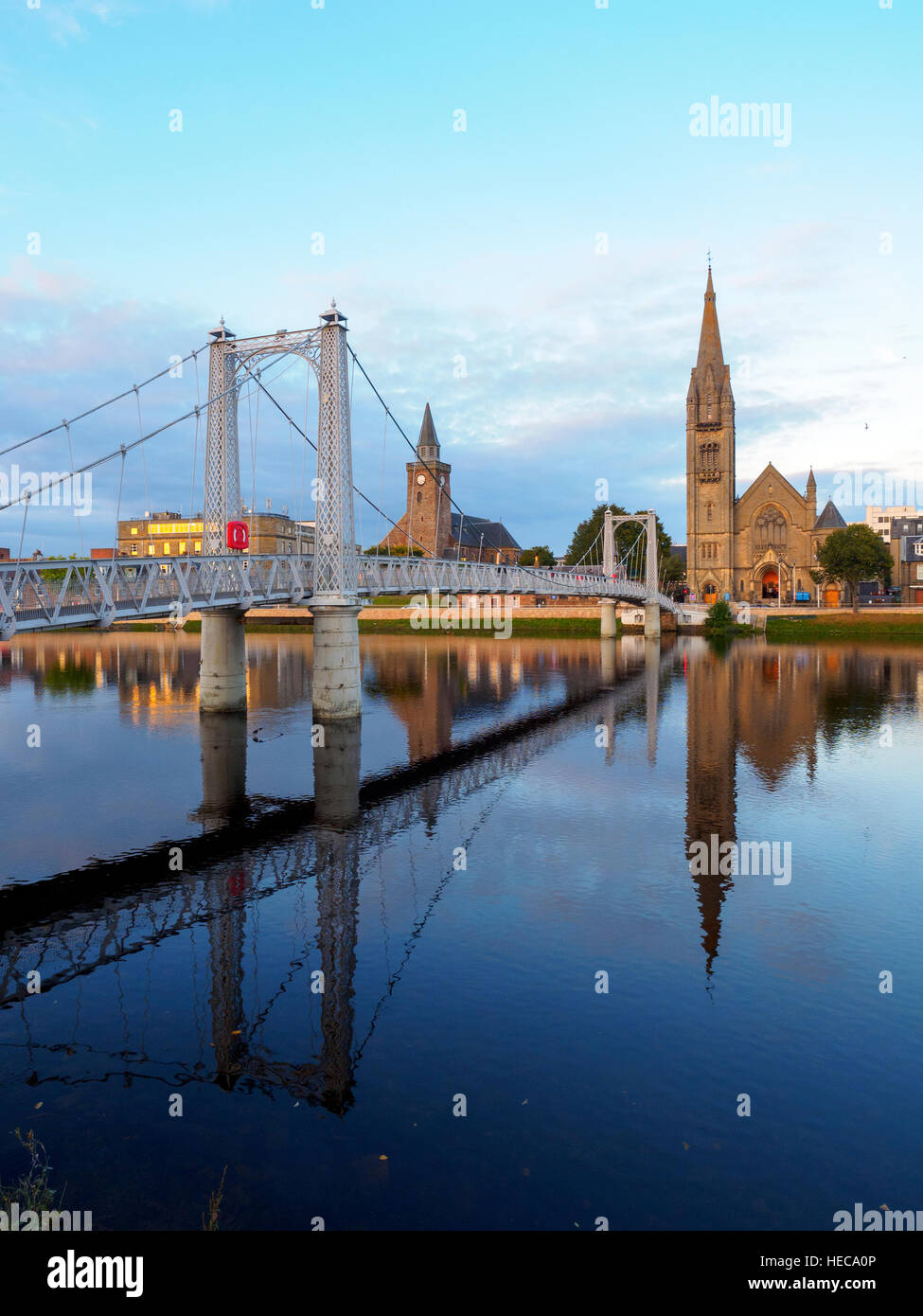 Free North Church and the suspension bridge over the river Ness in Inverness - Scotland Stock Photo