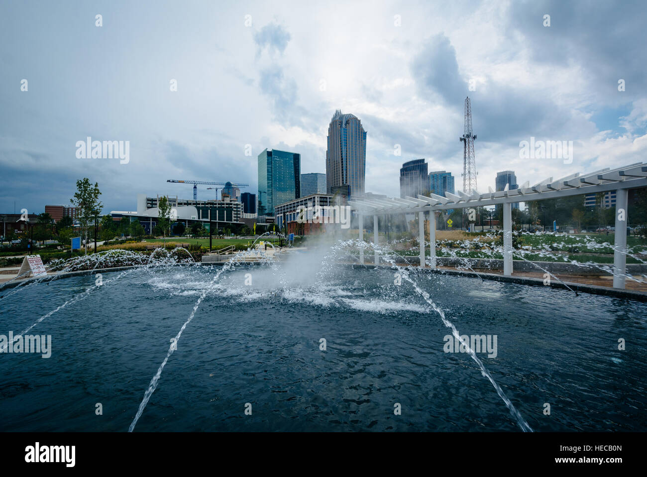 Fountain at First Ward Park in Uptown Charlotte, North Carolina Stock