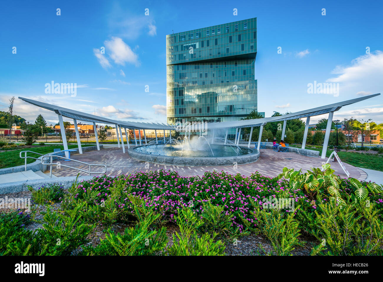 Fountains and gardnes at First Ward Park, in Uptown Charlotte, North Carolina. Stock Photo