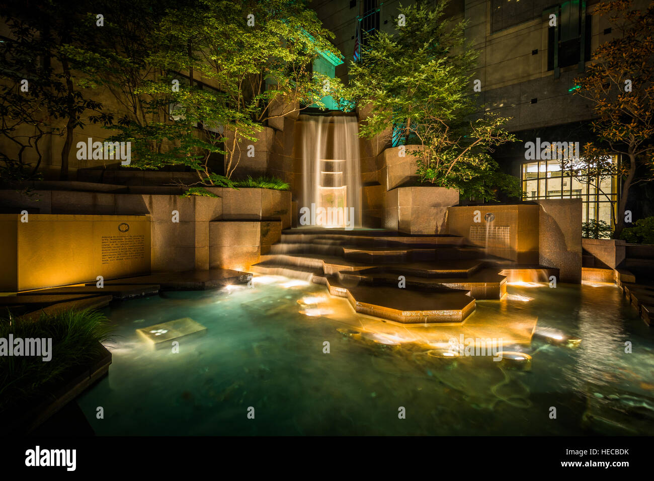 Fountains at Thomas Polk Park at night, in Uptown Charlotte, North
