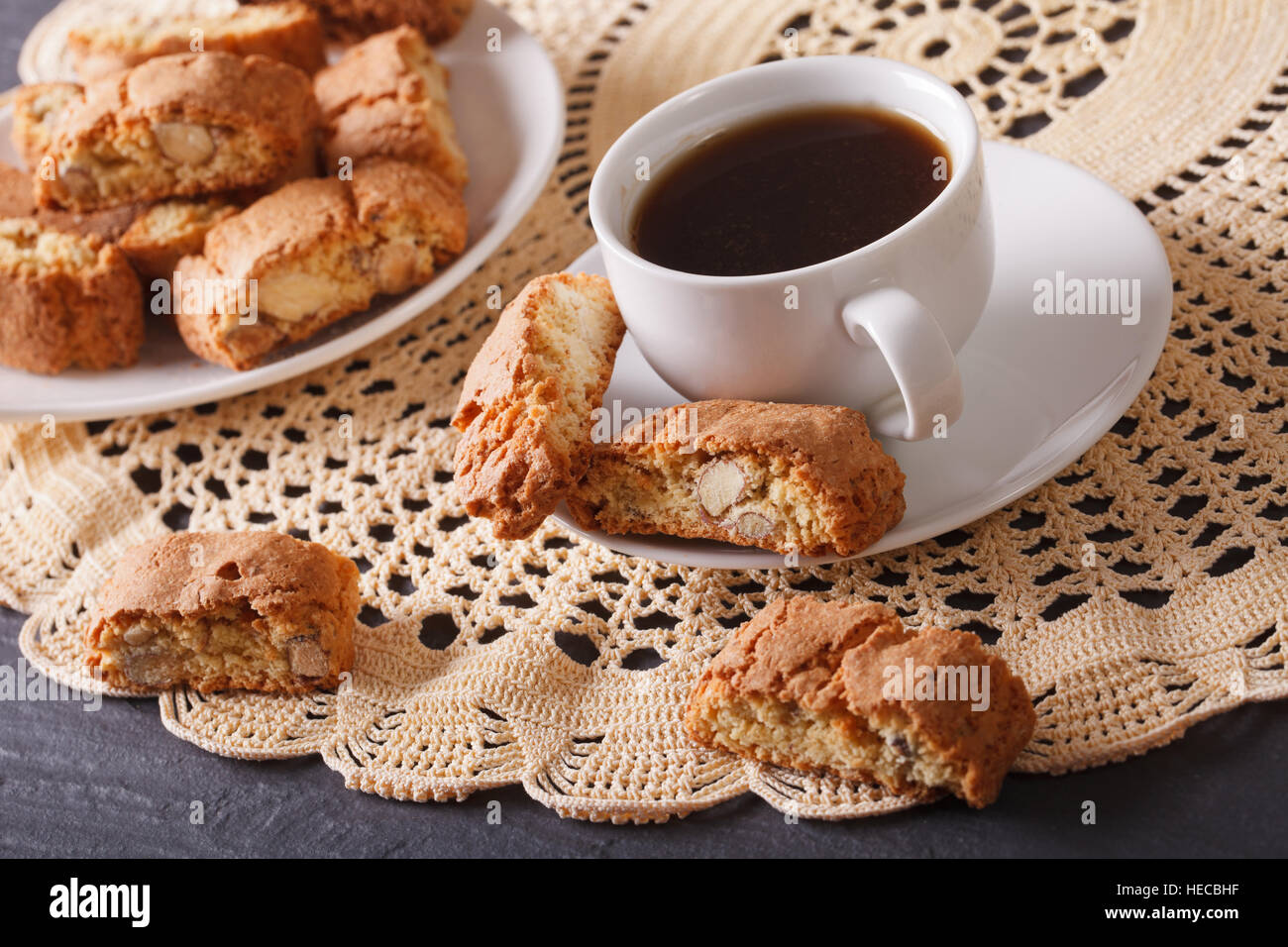 Fragrant coffee and Italian cookies with almonds on the table. horizontal Stock Photo