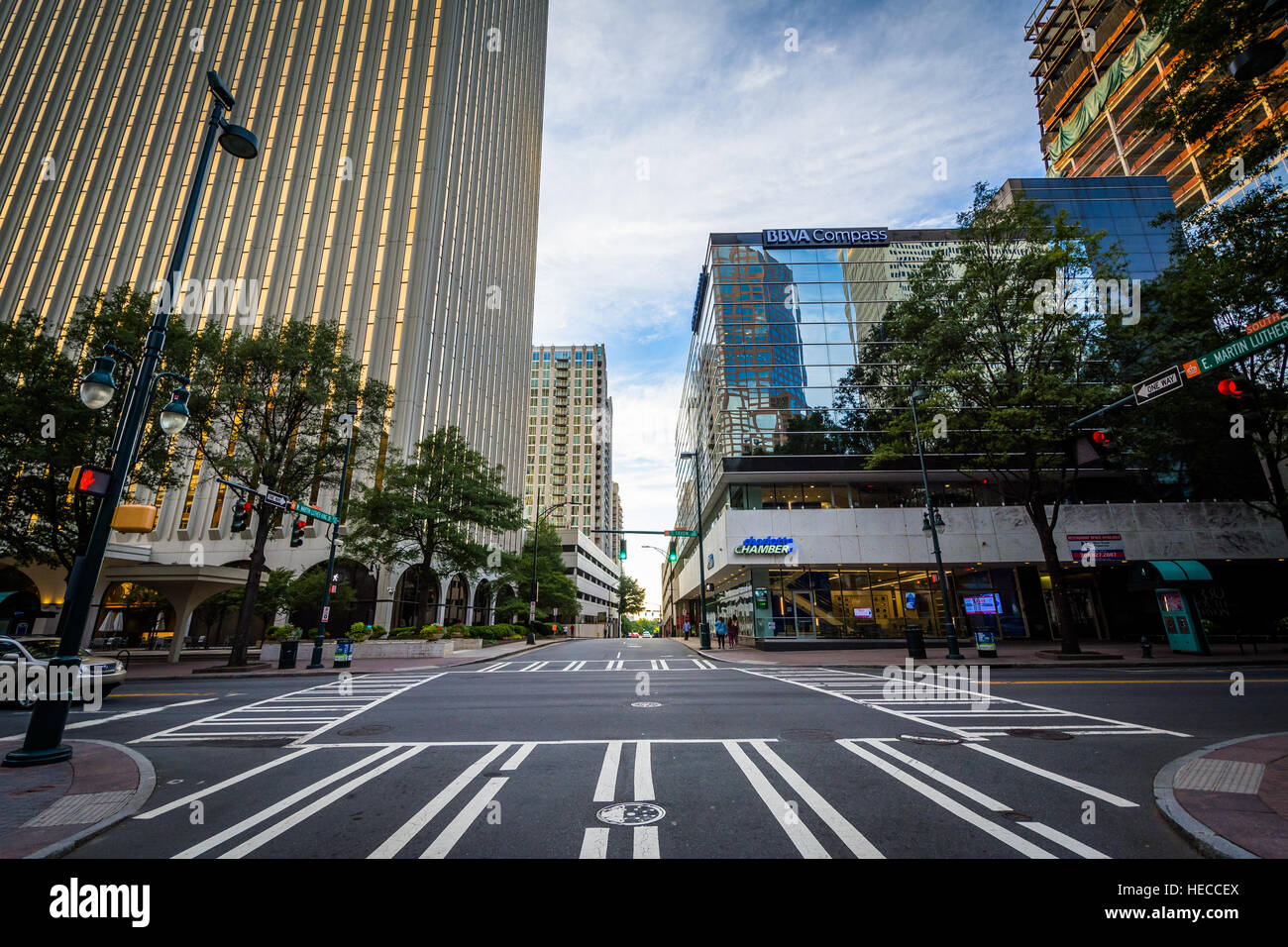 Intersection in Uptown, Charlotte, North Carolina. Stock Photo