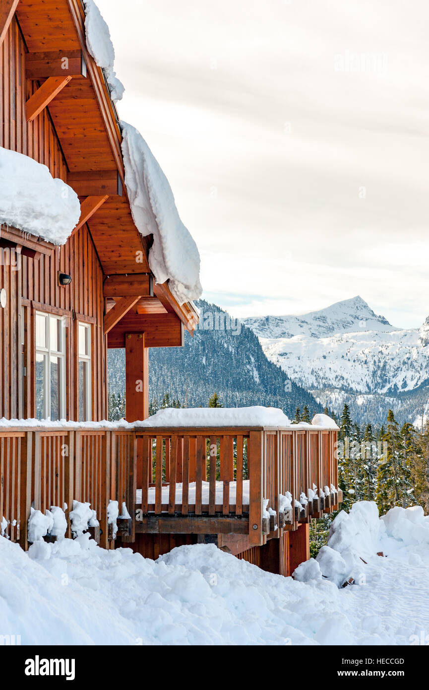 Exterior of Raven Lodge in winter at Mount Washington Alpine Ski Resort in Strathcona Provincial Park, British Columbia Canada Stock Photo
