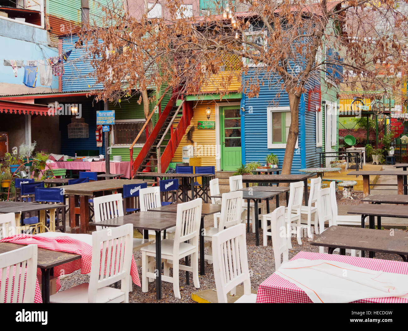 Argentina, Buenos Aires, La Boca, View of the Gran Paraiso Restaurant. Stock Photo