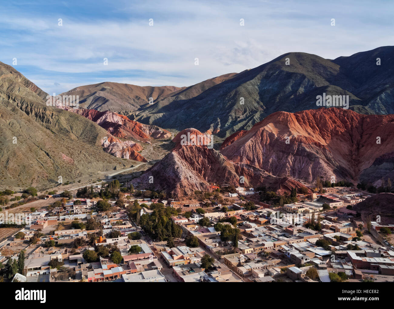 Argentina, Jujuy Province, Purmamarca, Elevated view of the town and ...