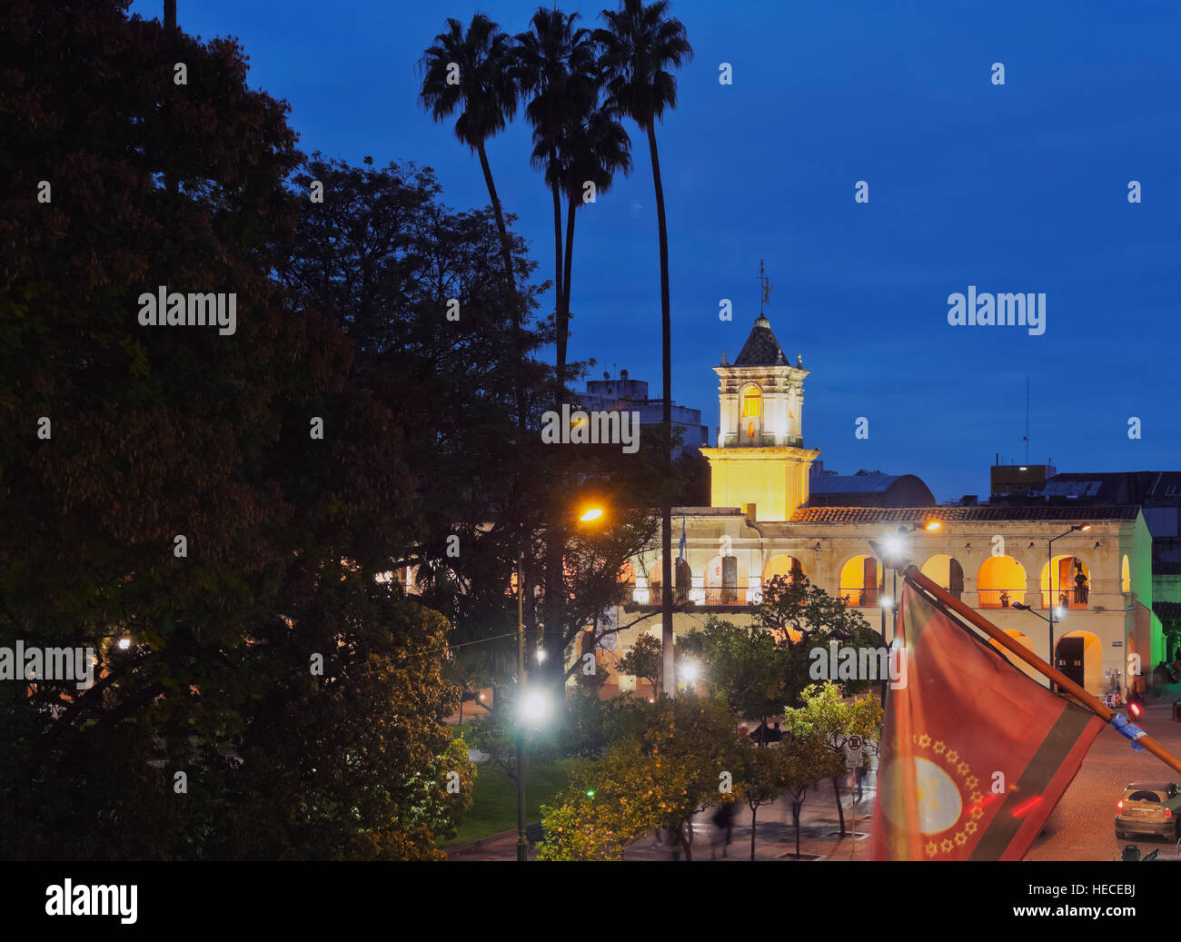 Argentina, Salta, Twilight view of the Colonial Town Hall, now