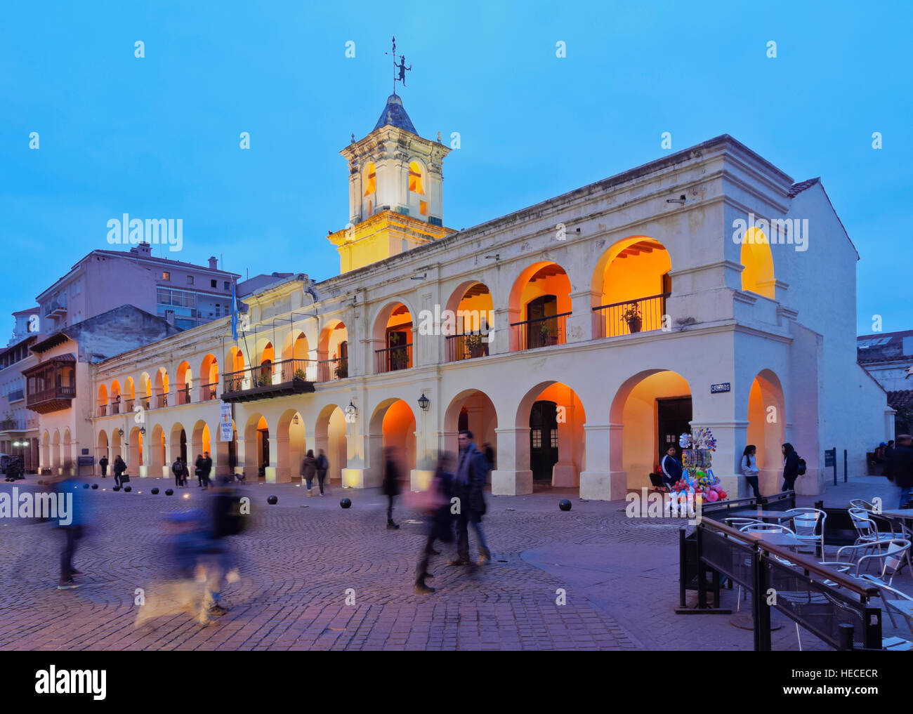 Argentina, Salta, Twilight view of the Colonial Town Hall, now Historical Museum. Stock Photo