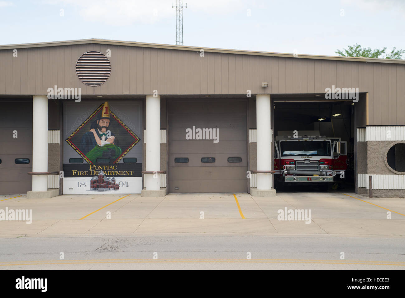 Route 66 memorabilia, Fire House, Downtown Pontiac, Livingston County, Illinois, USA Stock Photo