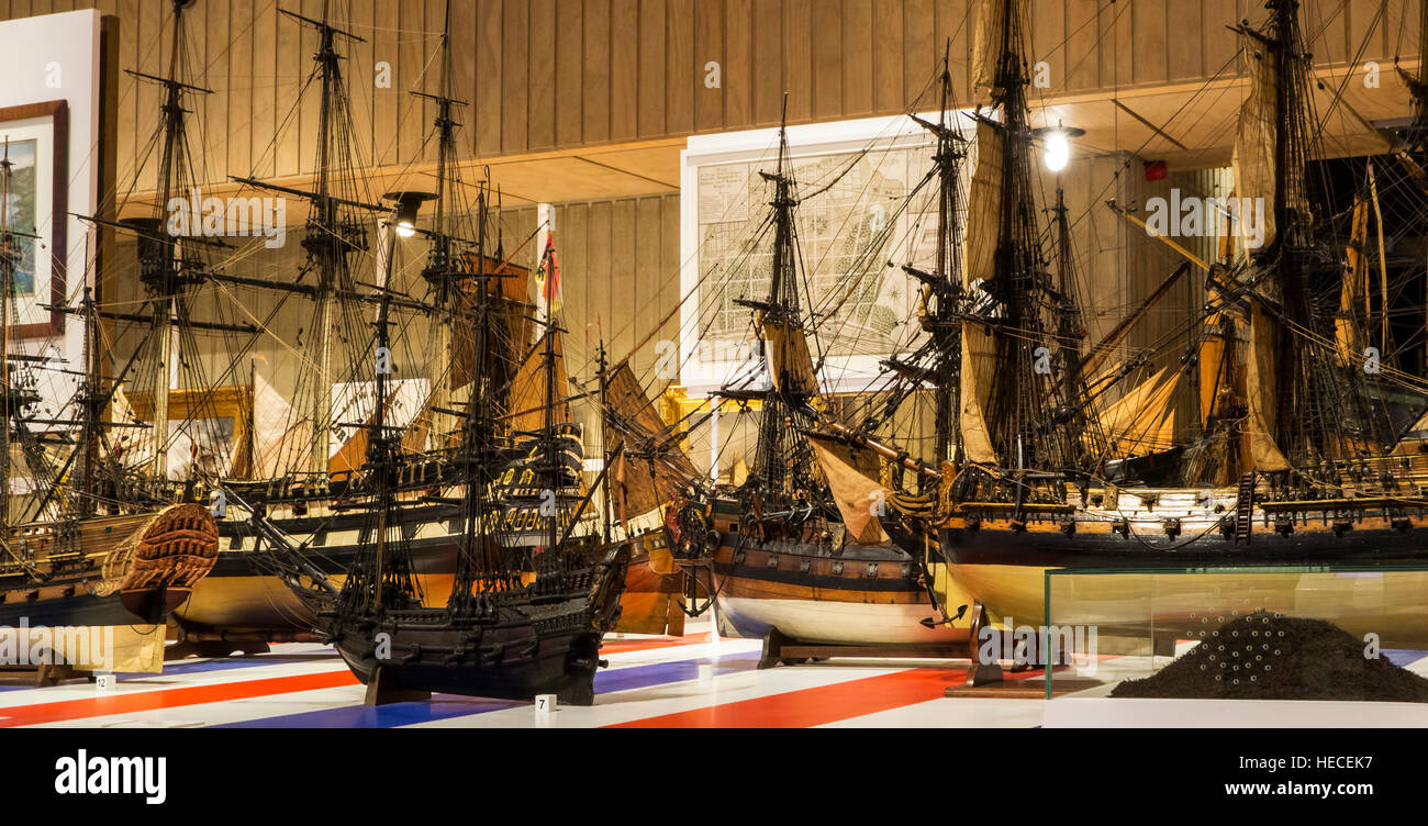 Unique scale models of old sailing ships at MAS / Museum aan de Stroom, Antwerp, Belgium Stock Photo