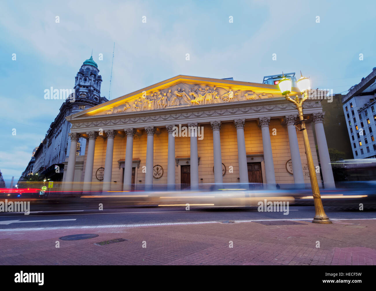 Argentina, Buenos Aires Province, City of Buenos Aires, Monserrat, Twilight view of the Metropolitan Cathedral on Plaza de Mayo. Stock Photo