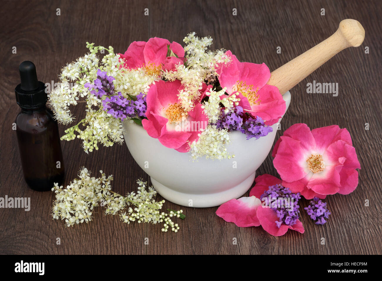 Elderflower, rose and lavender herb flowers used in natural alternative