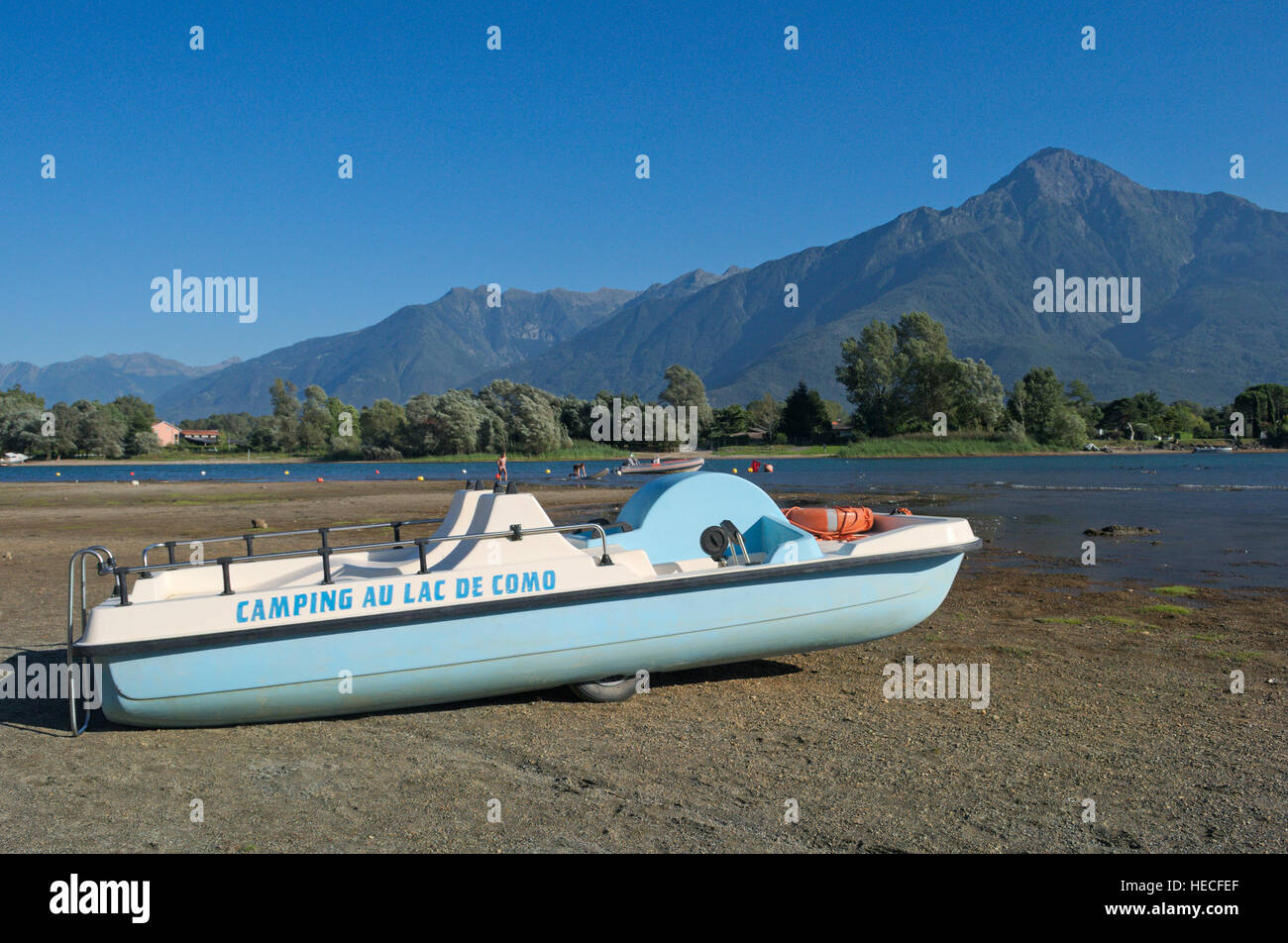 camping boat in Sorico, Lake Como, Italy Stock Photo