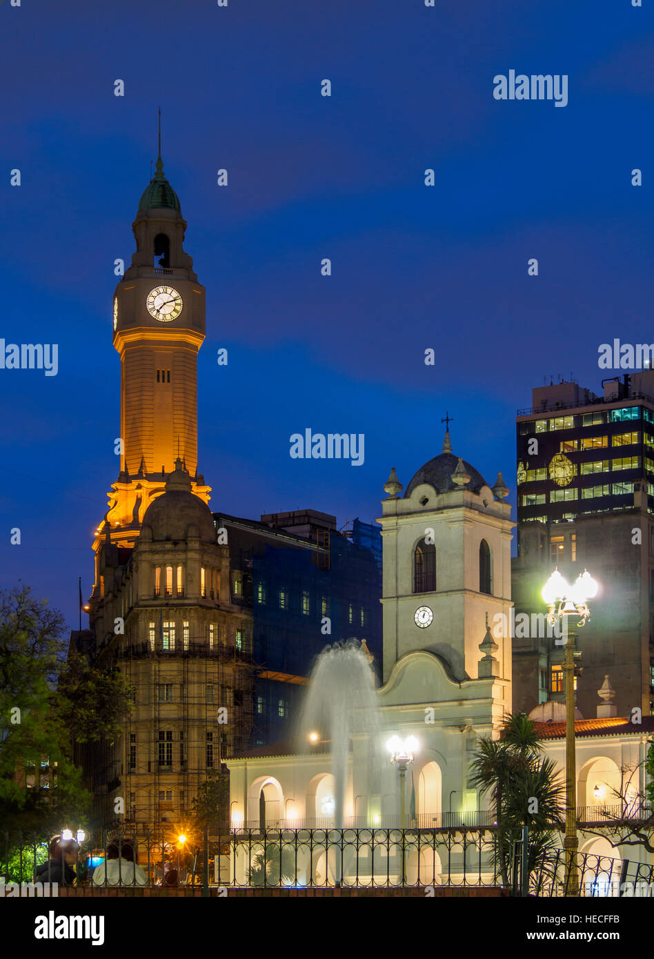 Argentina, Buenos Aires Province, City of Buenos Aires, Monserrat, Twilight view of the Buenos Aires Cabildo on Plaza de Mayo. Stock Photo