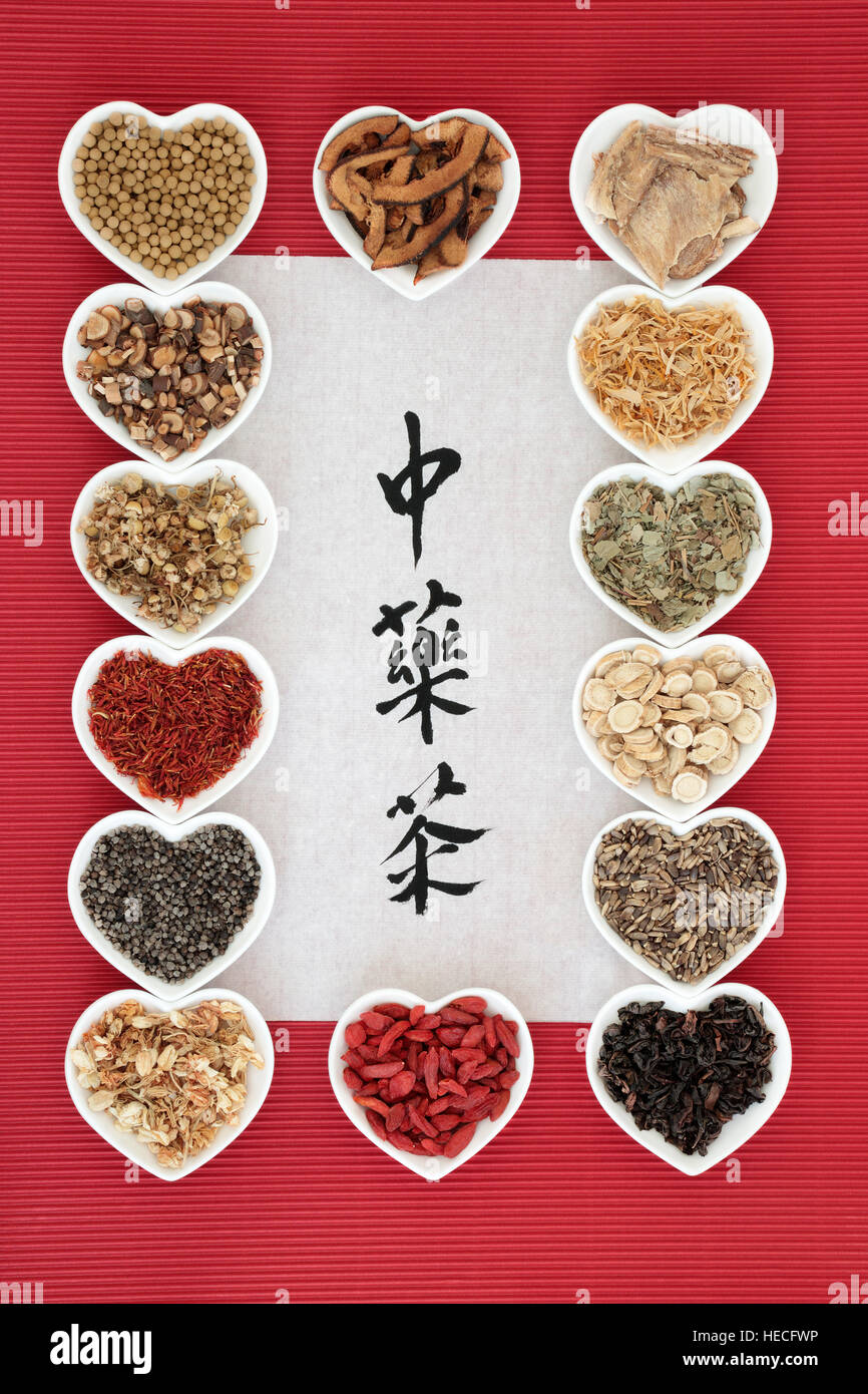 Chinese herbal tea selection in heart shaped bowls with calligraphy on