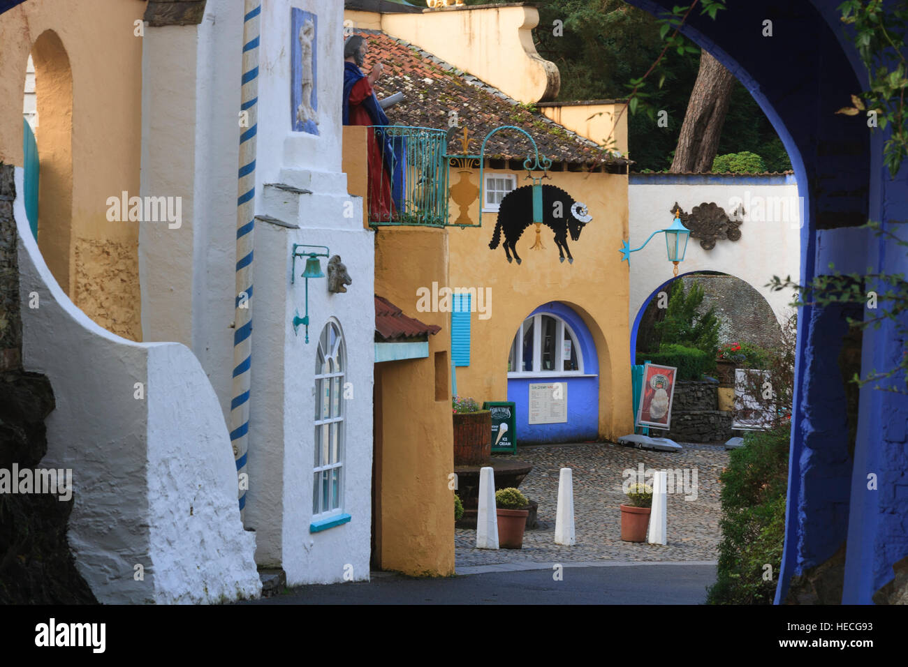 View through the entrance archway leading into the Italianate village of Portmeirion in North Wales Stock Photo