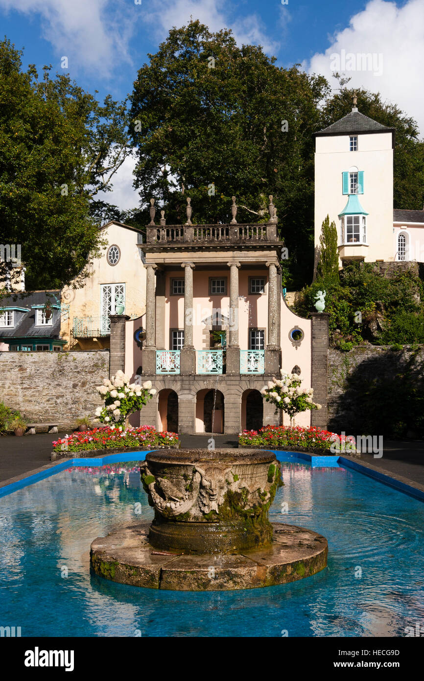 Ornamental pool and flower beds in the central piazza of the Italianate village of Portmeirion, North Wales Stock Photo