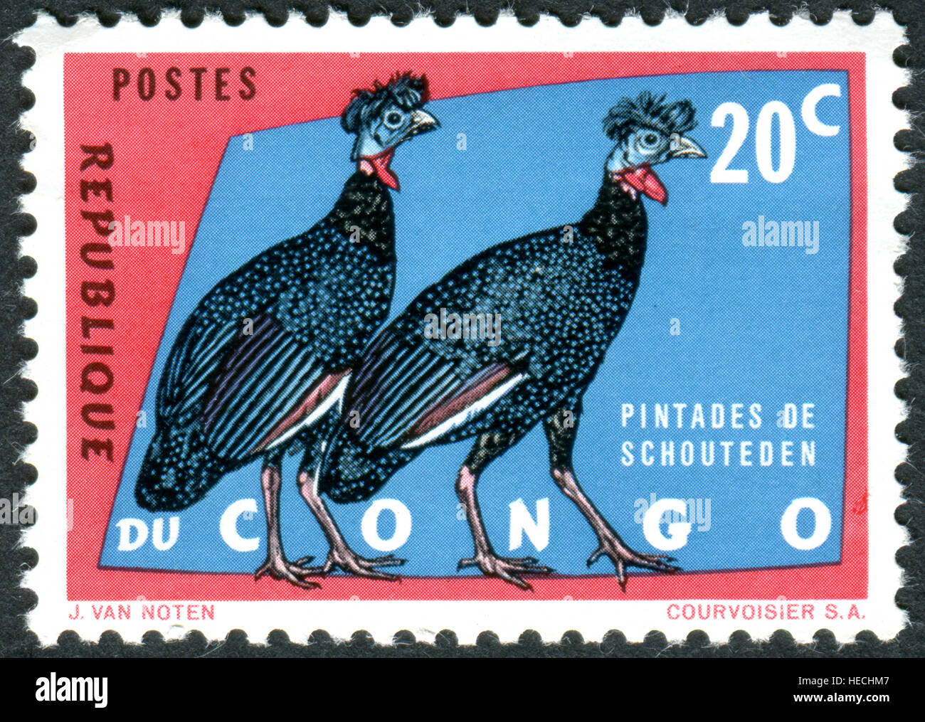 CONGO - CIRCA 1963: A stamp printed in the Congo (Zaire), shows the crested guineafowl (Guttera pucherani), circa 1963 Stock Photo