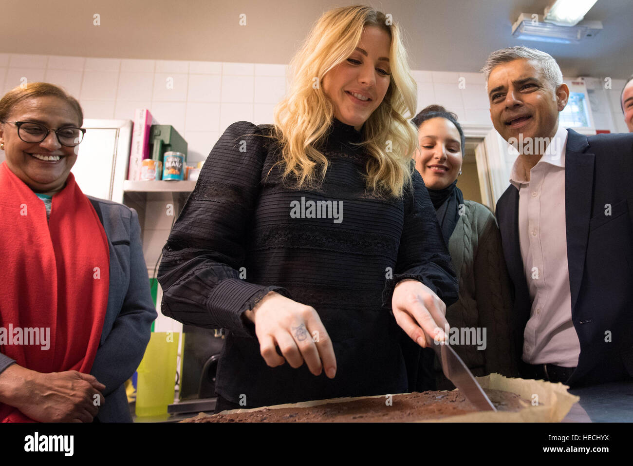 Mayor of London Sadiq Khan and singer Ellie Goulding (centre) meet users of the Marylebone Centre in London, which provides accommodation, training and skills support for homeless women. Stock Photo