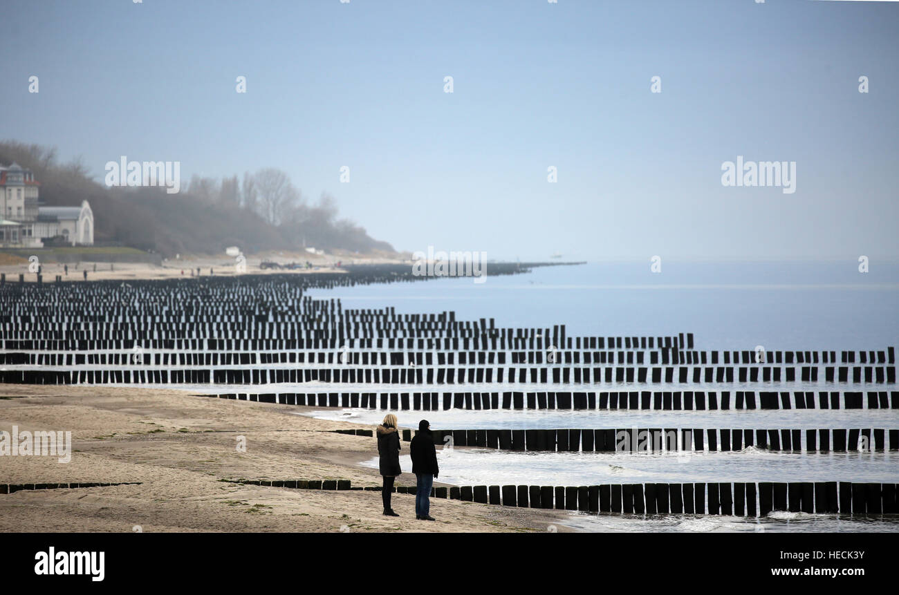 Kuehlungsborn, Germany. 19th Dec, 2016. People walk alsong the Baltic Sea beach in Kuehlungsborn, Germany, 19 December 2016. The current weather at the German coast is dull, but calm. Photo: Bernd Wüstneck/dpa-Zentralbild/dpa/Alamy Live News Stock Photo