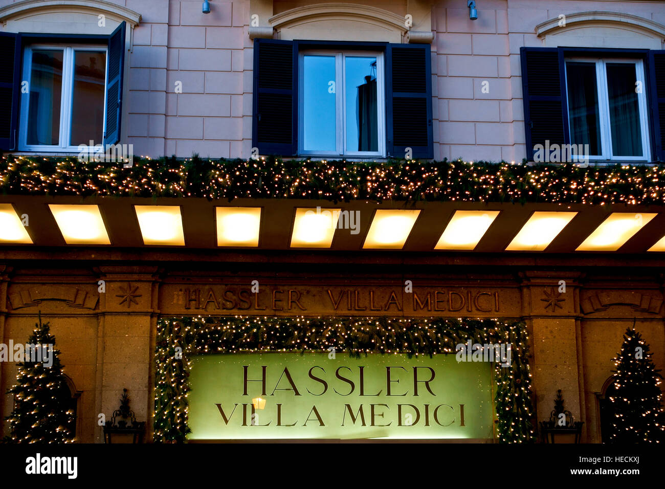 Hassler Villa Medici Hotel entrance at Christmas time. Luxurious hotel exterior by night. Rome City, Italy, Europe,EU. Winter season. Close up, detail Stock Photo