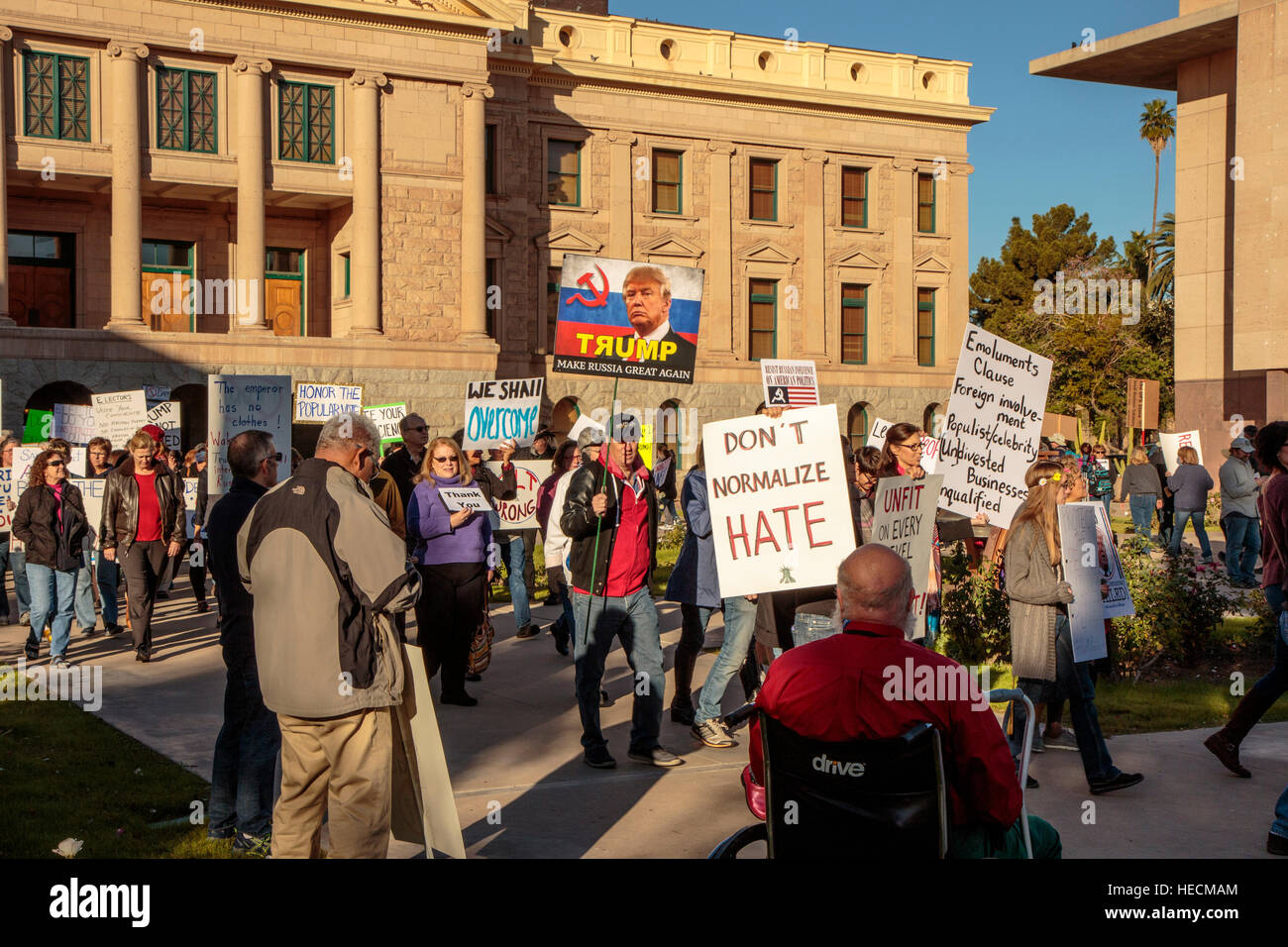 Phoenix, Arizona, USA. 19th December, 2016. Protesters rally outside of the Arizona State Capitol before the electoral college vote. Despite the protest, all eleven electors cast their vote in accordance with the popular vote of Arizona. © Jennifer Mack/Alamy Live News Stock Photo