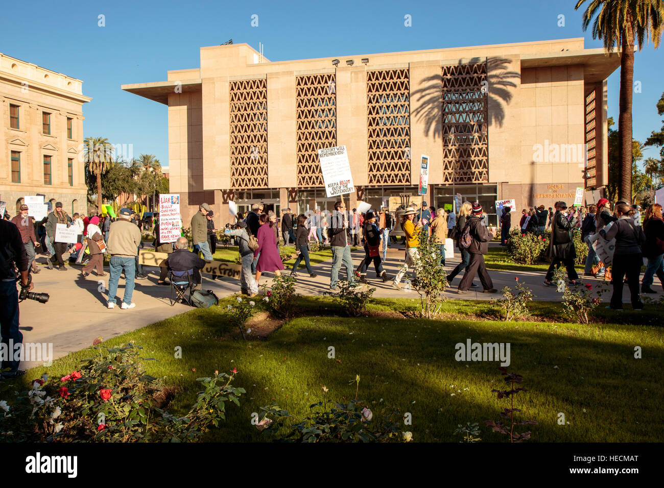 Phoenix, Arizona, USA. 19th December, 2016. Protesters rally outside of the Arizona State Capitol before the electoral college vote. Despite the protest, all eleven electors cast their vote in accordance with the popular vote of Arizona. © Jennifer Mack/Alamy Live News Stock Photo