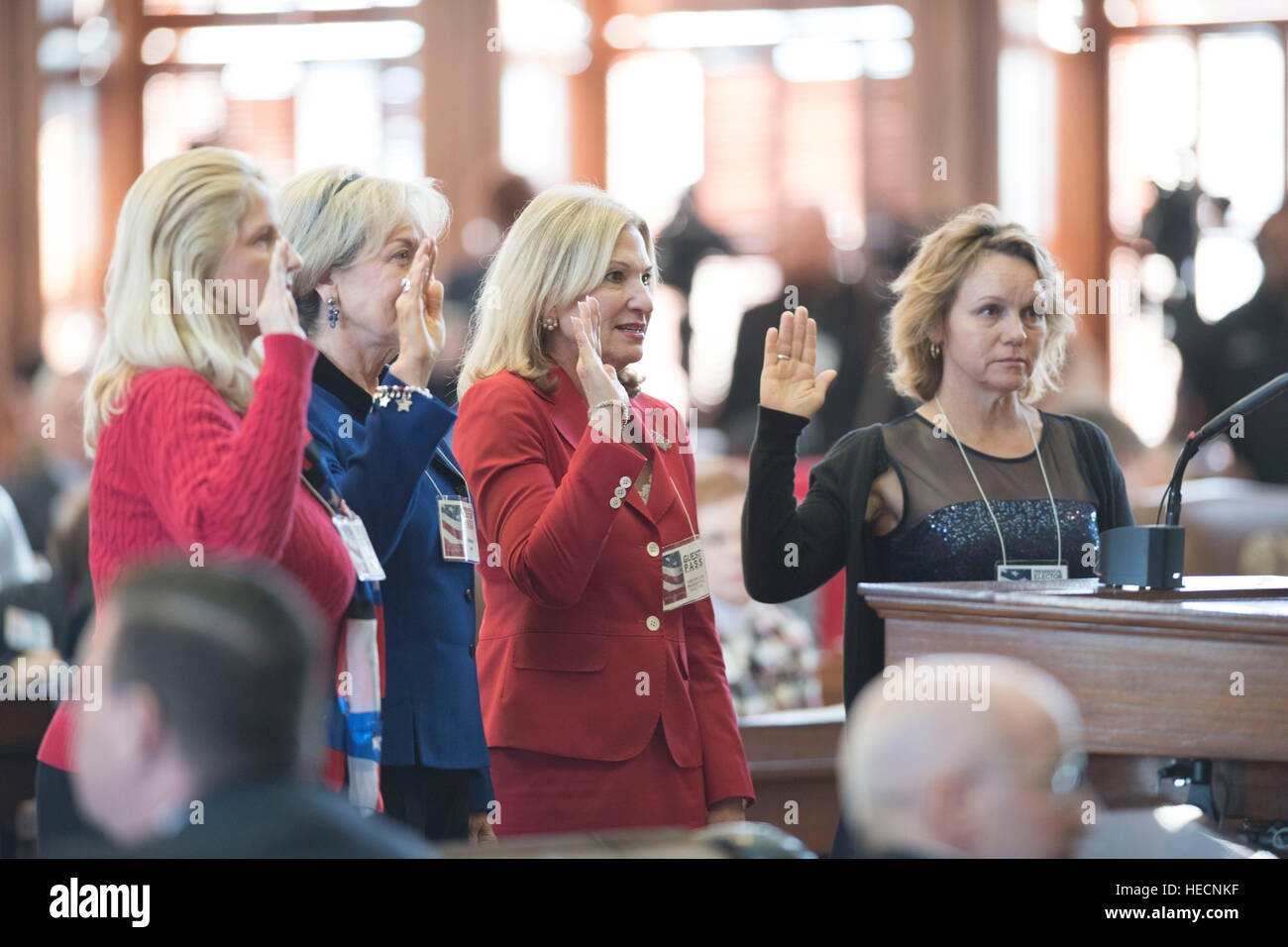 Austin, Texas, USA. 19th Dec, 2016. Texas electors to the U.S. Electoral College meet at the Texas Capitol to cast votes for President Donald Trump and Vice-President Mike Pence.  Hundreds of protesters chanted outside the Capitol during the vote. Credit: Bob Daemmrich/Alamy Live News Stock Photo